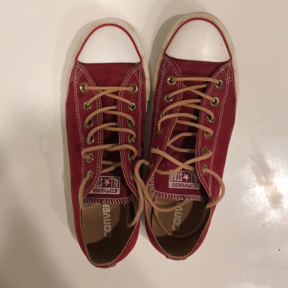 Red suede, light brown laces converse shoes - Picture 1 of 8